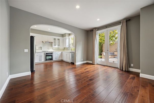 Empty room, Interior, Kitchen, Recessed Lighting, Wood Texture Flooring