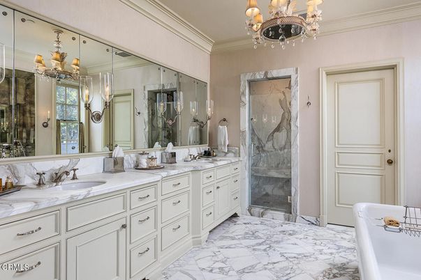 Bathroom, Chandelier, Dual Sink Vanities, Glass Shower, Interior, Marble, Marble Walls