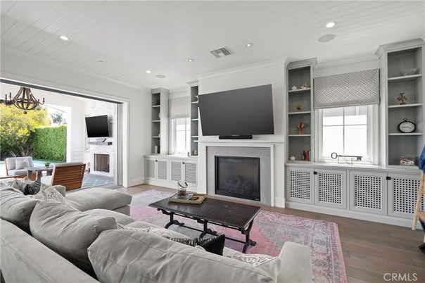 Fireplace, Interior, Living room, Recessed Lighting, Wood Texture Flooring