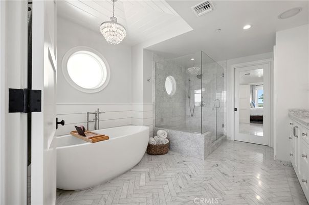 Bathroom, Chandelier, Free Standing Baths, Glass Shower, Interior, Marble, Marble Walls, Recessed Lighting