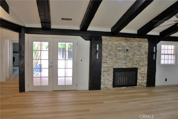 Empty room, Fireplace, Interior, Stone Walls, Wood Texture Flooring
