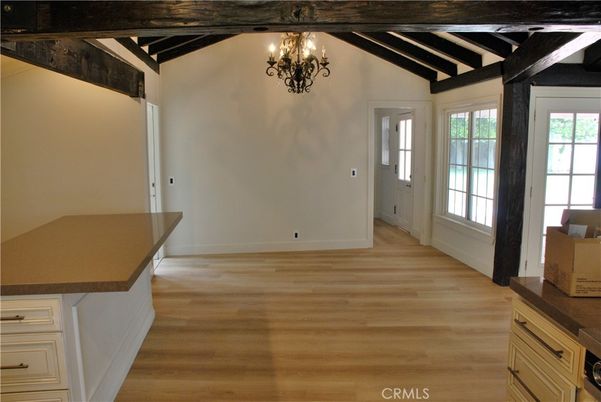 Chandelier, Empty room, Interior, Wooden Beams, Wood Texture Flooring
