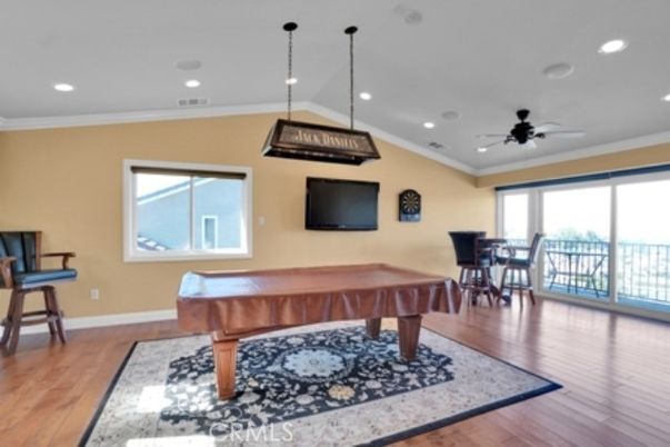 Billiard Table, Game Room, Interior, Pendant Lights, Recessed Lighting, Wood Texture Flooring
