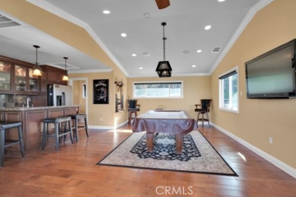 Billiard Table, Game Room, Interior, Pendant Lights, Recessed Lighting, Wood Texture Flooring