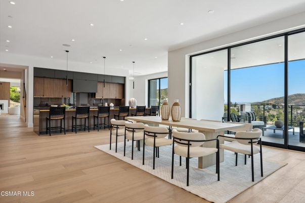 Dining room, Interior, Kitchen, Pendant Lights, Recessed Lighting, Wood Texture Flooring