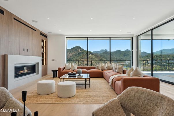 Fireplace, Interior, Living room, Recessed Lighting, Wood Texture Flooring