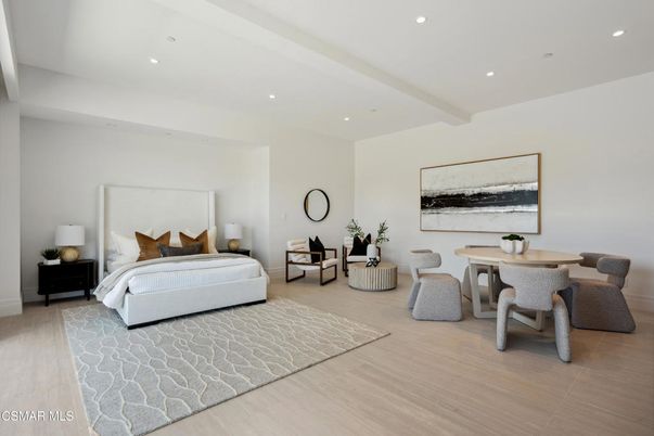 Bedroom, Dining room, Interior, Recessed Lighting, Wood Texture Flooring