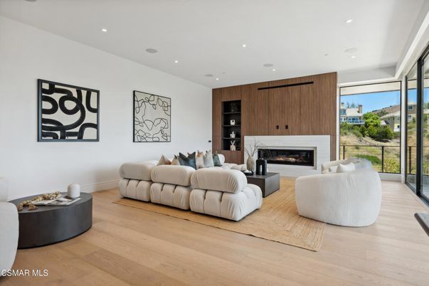 Fireplace, Interior, Living room, Recessed Lighting, Wood Texture Flooring, Wooden Walls