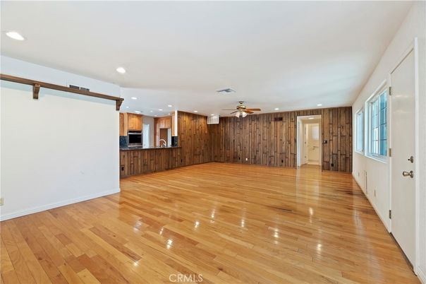 Empty room, Interior, Kitchen, Recessed Lighting, Wood Texture Flooring