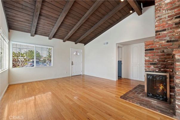 Empty room, Fireplace, Interior, Stone Walls, Wooden Beams, Wooden Ceilings, Wood Texture Flooring