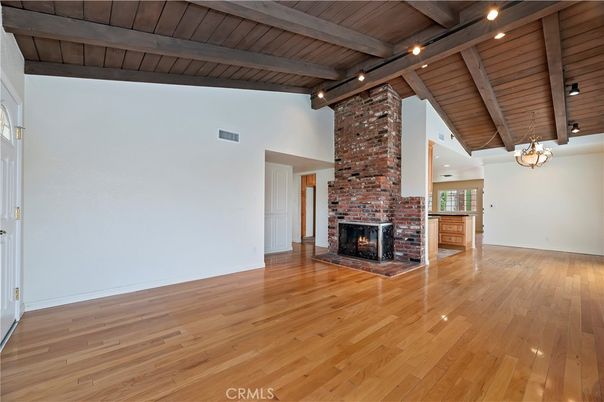 Empty room, Fireplace, Interior, Wooden Beams, Wooden Ceilings, Wood Texture Flooring