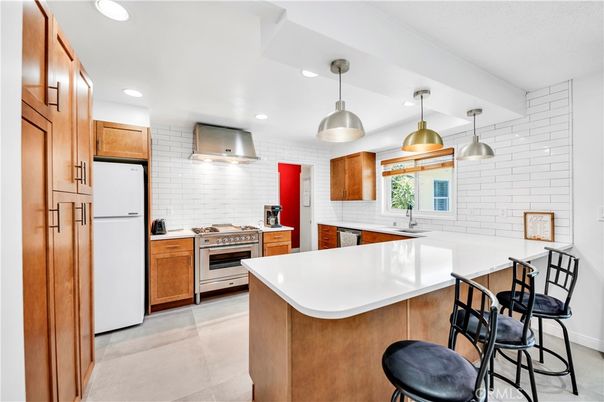 Interior, Kitchen, Pendant Lights, Recessed Lighting, Stainless Steel Appliances, Stone Walls