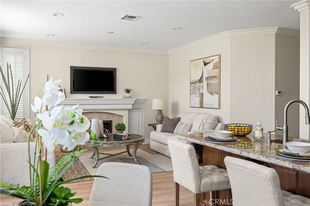 Fireplace, Interior, Living room, Recessed Lighting, Wood Texture Flooring