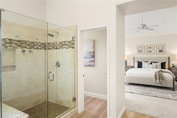 Bathroom, Bedroom, Glass Shower, Interior, Wood Texture Flooring