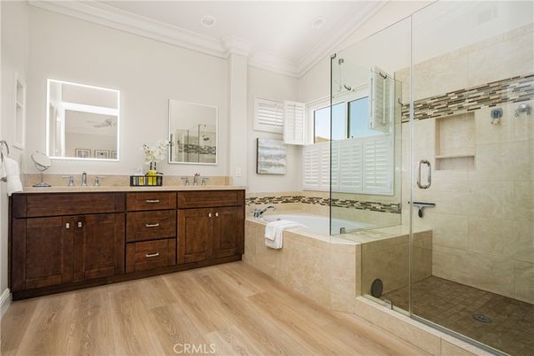 Bathroom, Dual Sink Vanities, Glass Shower, Interior, Wood Texture Flooring