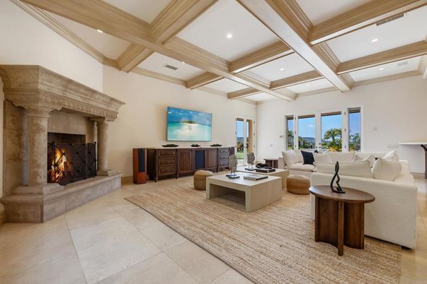 Fireplace, Interior, Living room, Recessed Lighting, Wooden Beams