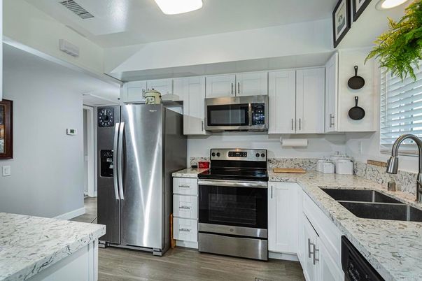 Interior, Kitchen, Stainless Steel Appliances, Wood Texture Flooring