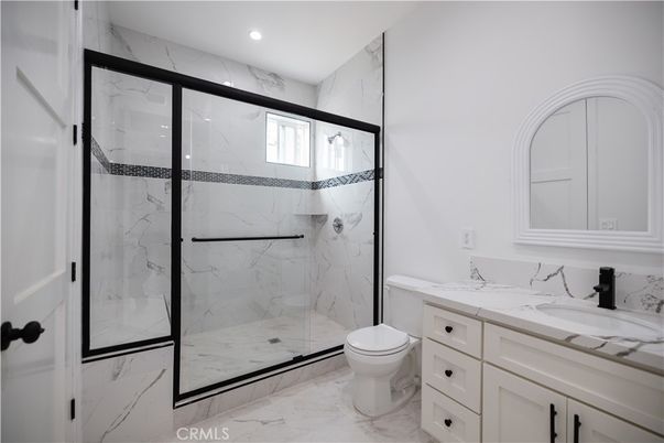 Bathroom, Glass Shower, Interior, Marble, Marble Walls, Recessed Lighting