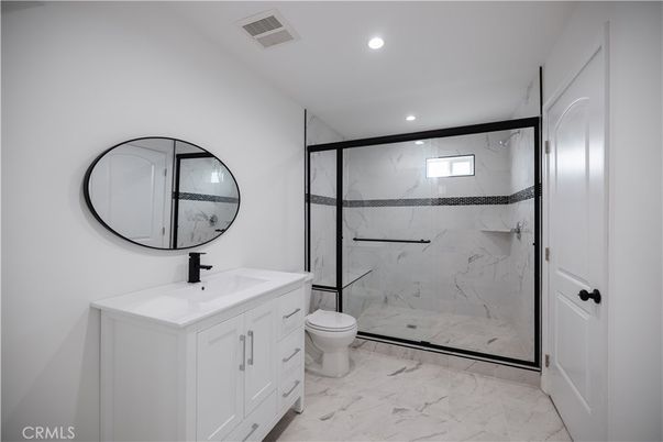Bathroom, Glass Shower, Interior, Marble, Marble Walls, Recessed Lighting