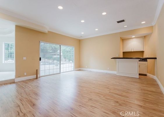 Empty room, Interior, Kitchen, Recessed Lighting, Wood Texture Flooring