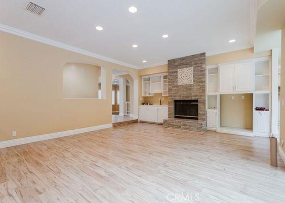 Empty room, Fireplace, Interior, Recessed Lighting, Wood Texture Flooring