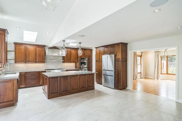 Interior, Kitchen, Marble, Pendant Lights, Recessed Lighting, Stainless Steel Appliances, Wood Texture Flooring