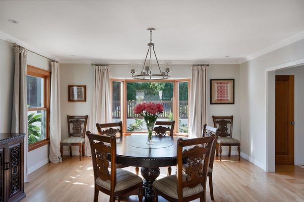 Dining room, Interior, Pendant Lights, Wood Texture Flooring