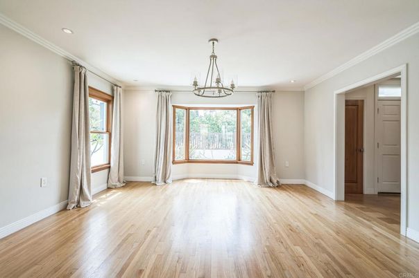 Chandelier, Empty room, Interior, Recessed Lighting, Wood Texture Flooring