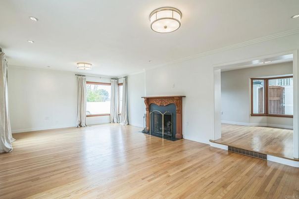 Empty room, Fireplace, Interior, Recessed Lighting, Wood Texture Flooring