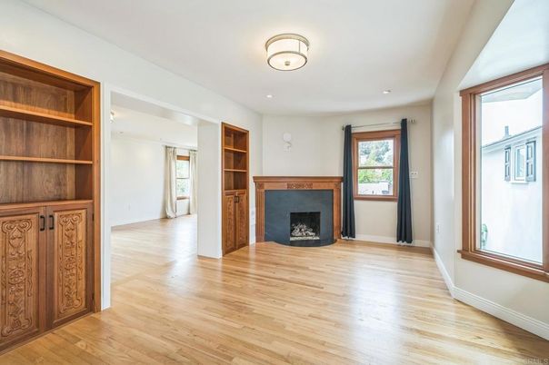 Empty room, Fireplace, Interior, Recessed Lighting, Wood Texture Flooring