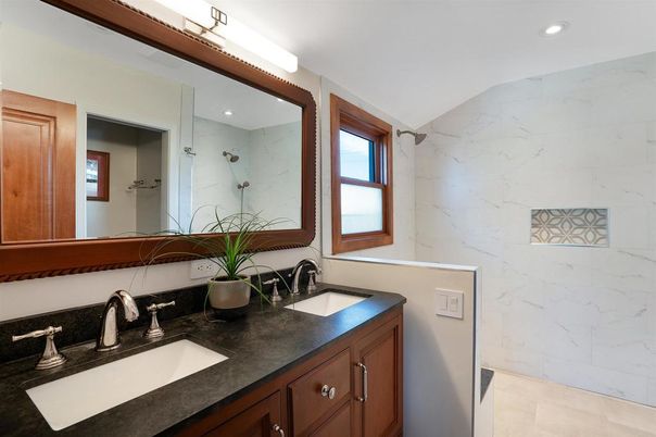 Bathroom, Dual Sink Vanities, Glass Shower, Interior, Marble Walls, Recessed Lighting