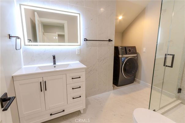 Bathroom, Glass Shower, Interior, Marble, Recessed Lighting, Washer
