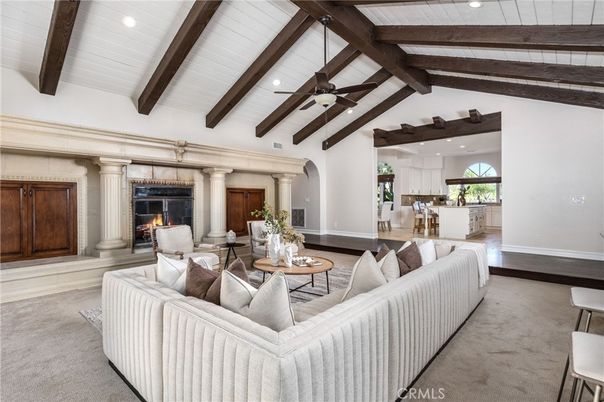 Fireplace, Interior, Living room, Recessed Lighting, Wooden Beams