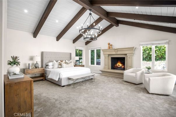 Bedroom, Chandelier, Fireplace, Interior, Pendant Lights, Recessed Lighting, Wooden Beams