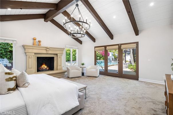 Bedroom, Chandelier, Fireplace, Interior, Pendant Lights, Recessed Lighting, Wooden Beams