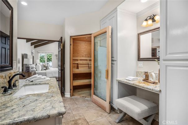 Bathroom, Dual Sink Vanities, Interior, Recessed Lighting, Sauna Room