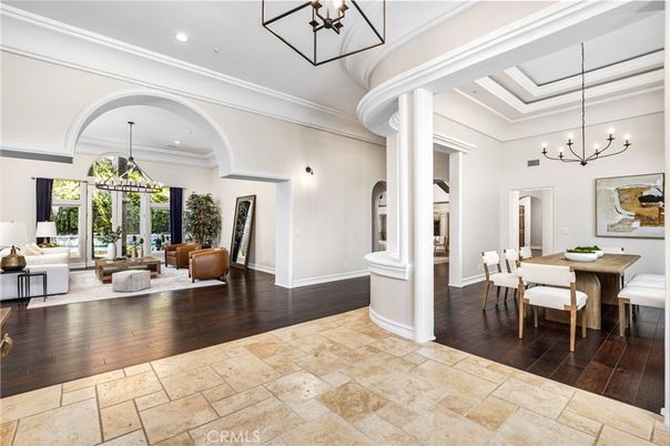Chandelier, Dining room, Interior, Living room, Pendant Lights, Recessed Lighting, Wood Texture Flooring