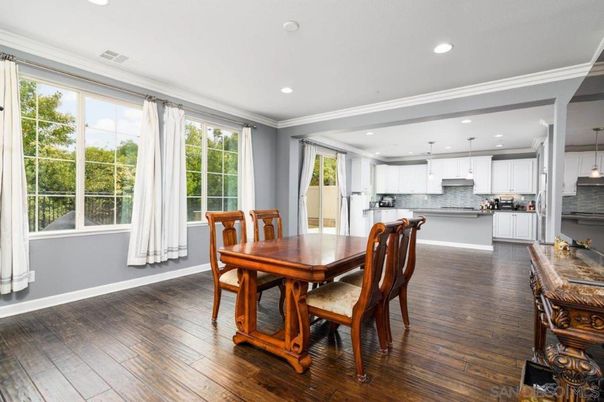 Dining room, Interior, Kitchen, Pendant Lights, Recessed Lighting, Wood Texture Flooring