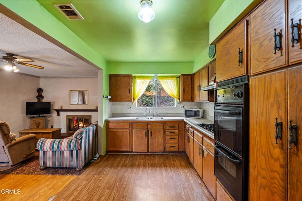 Fireplace, Interior, Kitchen, Living room, Wood Texture Flooring