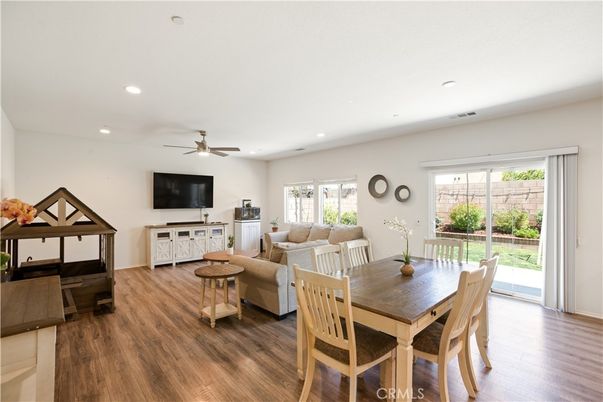 Dining room, Interior, Living room, Recessed Lighting, Wood Texture Flooring