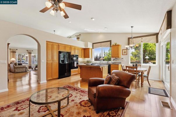 Dining room, Interior, Kitchen, Pendant Lights, Recessed Lighting, Wood Texture Flooring