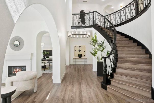 Fireplace, Interior, Pendant Lights, Recessed Lighting, Wood Texture Flooring