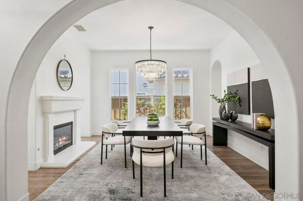 Chandelier, Dining room, Fireplace, Interior, Wood Texture Flooring