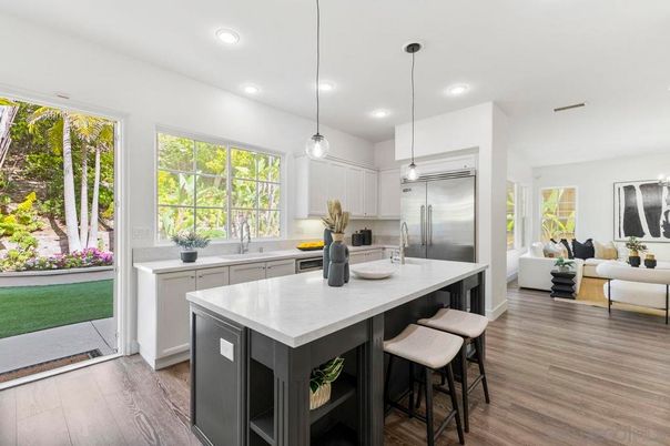 Interior, Kitchen, Living room, Pendant Lights, Recessed Lighting, Stainless Steel Appliances, Wood Texture Flooring
