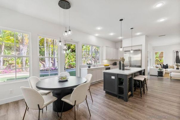 Dining room, Interior, Kitchen, Living room, Pendant Lights, Recessed Lighting, Stainless Steel Appliances, Wood Texture Flooring