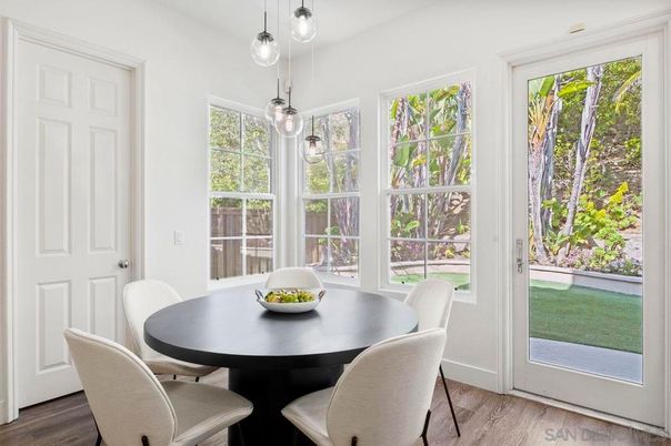 Dining room, Interior, Pendant Lights, Wood Texture Flooring