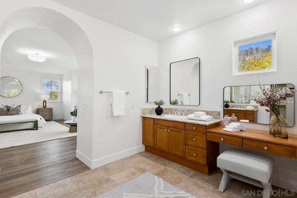 Bathroom, Dual Sink Vanities, Interior, Recessed Lighting, Wood Texture Flooring