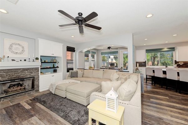 Fireplace, Interior, Living room, Recessed Lighting, Wood Texture Flooring