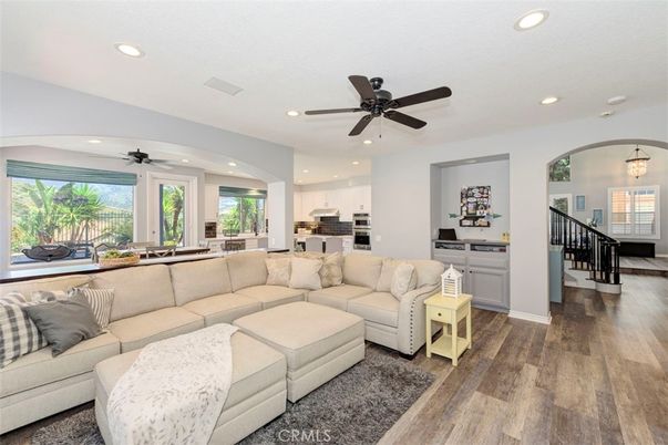 Dining room, Interior, Kitchen, Living room, Recessed Lighting, Stainless Steel Appliances, Wood Texture Flooring