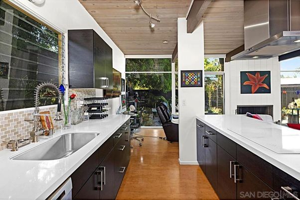 Fireplace, Interior, Kitchen, Recessed Lighting, Stainless Steel Appliances, Wooden Ceilings, Wood Texture Flooring